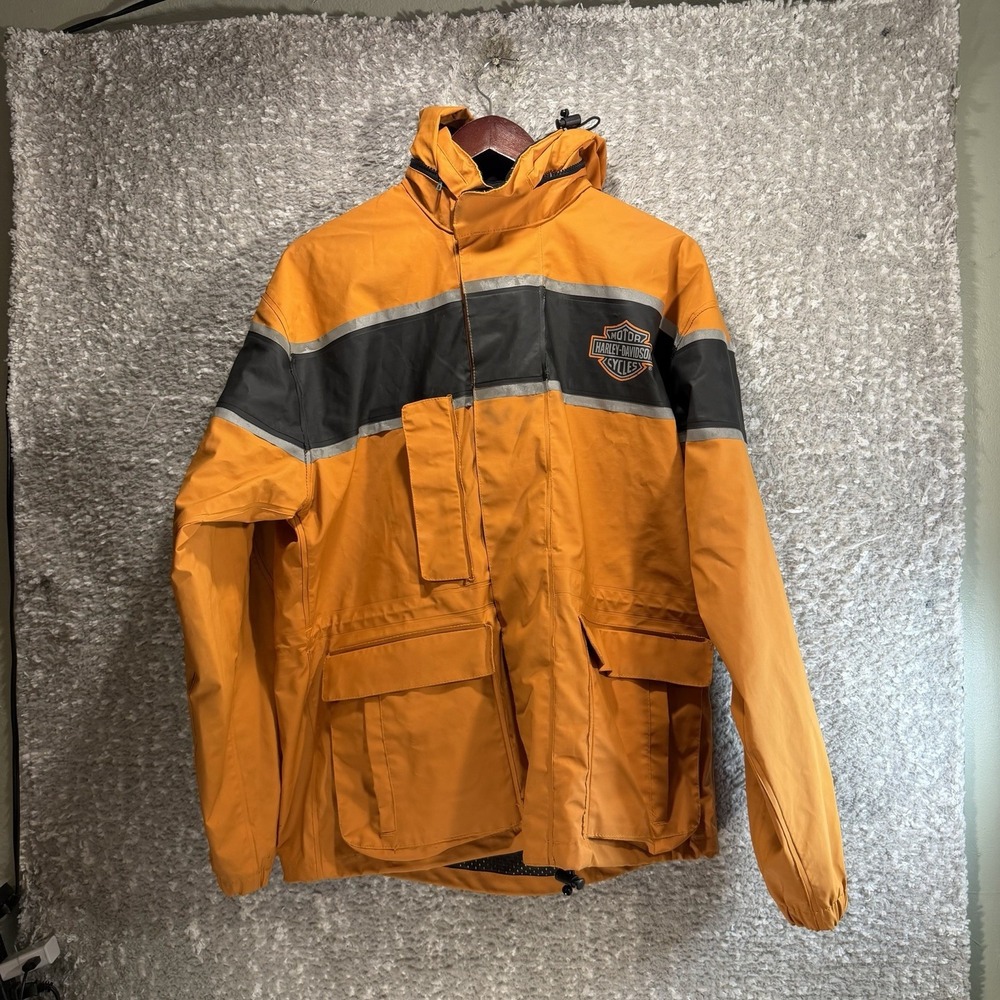 Harley Davidson Motorcycle Rain Jacket Mens XXS Orange Reflective Nylon Hooded